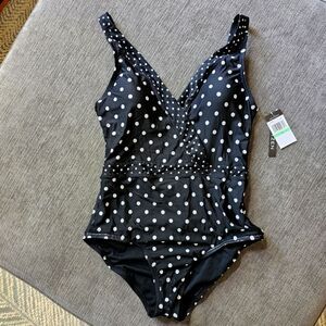 Jantzen Surplus Tummy control Black and White Polkadot V Neck One-Piece Swimsuit